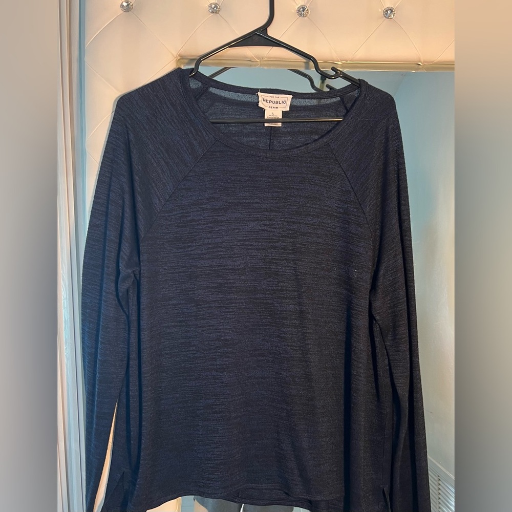 For The Republic Denim Long Sleeve Navy Blue  Scoop Neck Drop Shoulder Top Sz L